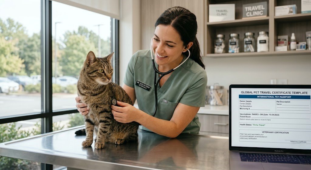 AI Image Generation Prompt: A veterinarian wearing scrubs using a stethoscope to examine a calm tabby cat sitting on a stainless steel clinical exam table. A laptop in the background displays a digital travel certificate template. Clean, modern veterinary clinic setting, warm professional tone, soft lighting, 8k resolution photograph.