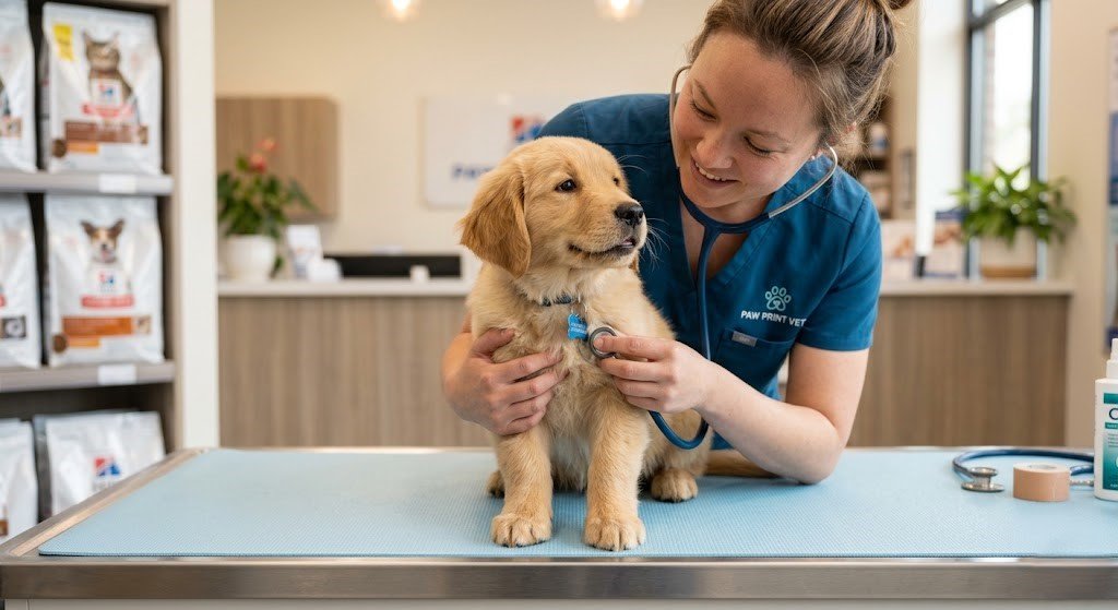 [Image Placeholder 1]

Gemini Prompt: A close-up photograph of a gentle veterinarian in clean scrubs holding a cute, healthy puppy on an examination table while giving a gentle health checkup. Clean, reassuring medical atmosphere, soft lighting, professional macro shot.