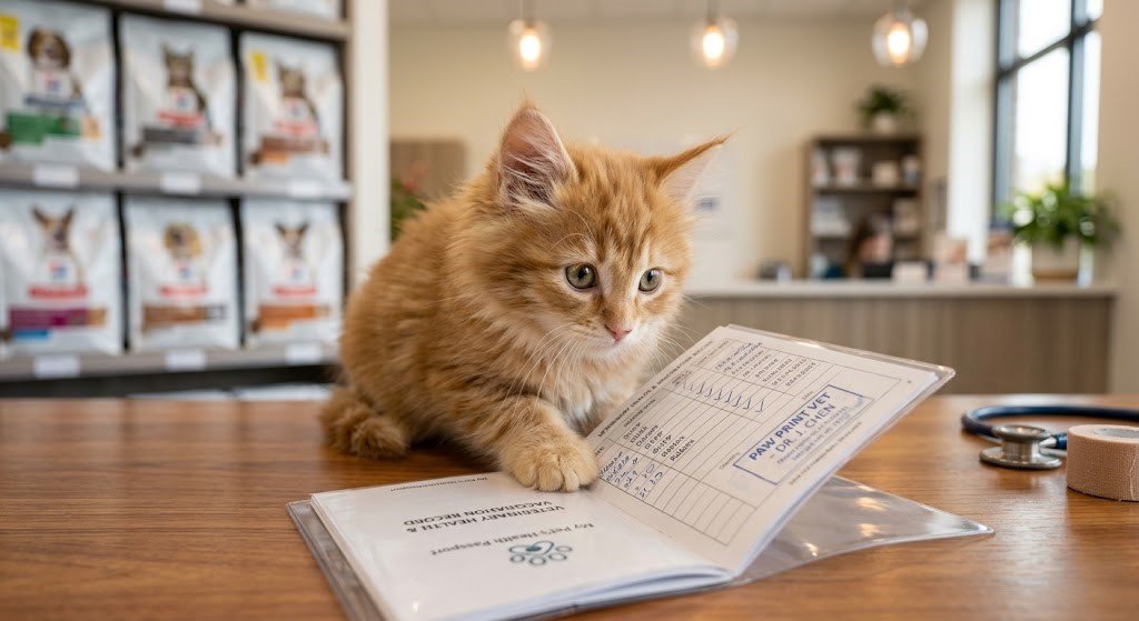 [Image Placeholder 2]

Gemini Prompt: High-quality photo of a small fluff kitten looking curiously at a vaccination record booklet on a wooden clinic counter. Warm indoor lighting, clear focus on the kitten's bright eyes.